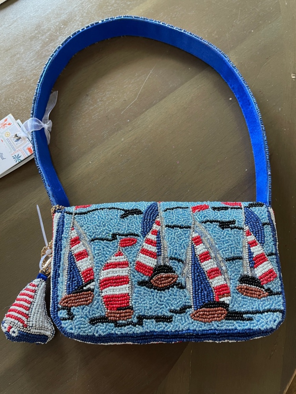NEW Beaded Sailboat Motif Shoulder Bag in Blue and Red with bag charm